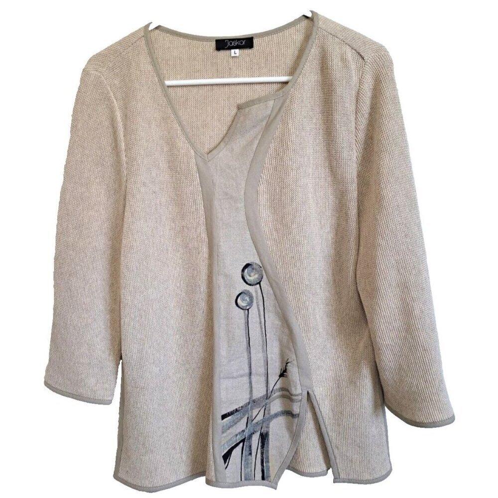 Jaskar Women's L Long Sleeve Hand Painted Beige Pullover Sweater New No Tags